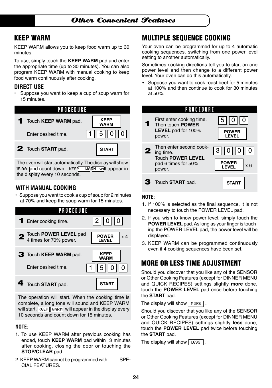 Other convenient features, Multiple sequence cooking, Keep warm | More or less time adjustment | Fisher & Paykel MO-24SS User Manual | Page 25 / 33