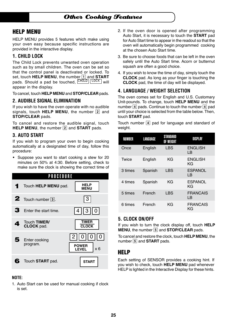 Other cooking features, Help, Help menu | Fisher & Paykel MO-24SS User Manual | Page 26 / 33