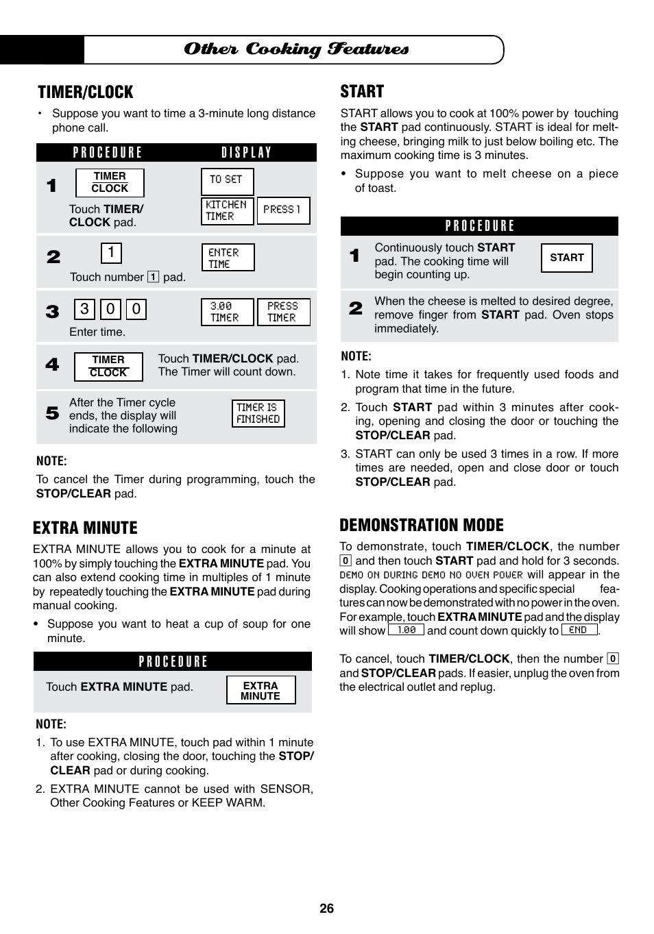 Other cooking features, Start, Extra minute | Demonstration mode, Timer/clock | Fisher & Paykel MO-24SS User Manual | Page 27 / 33