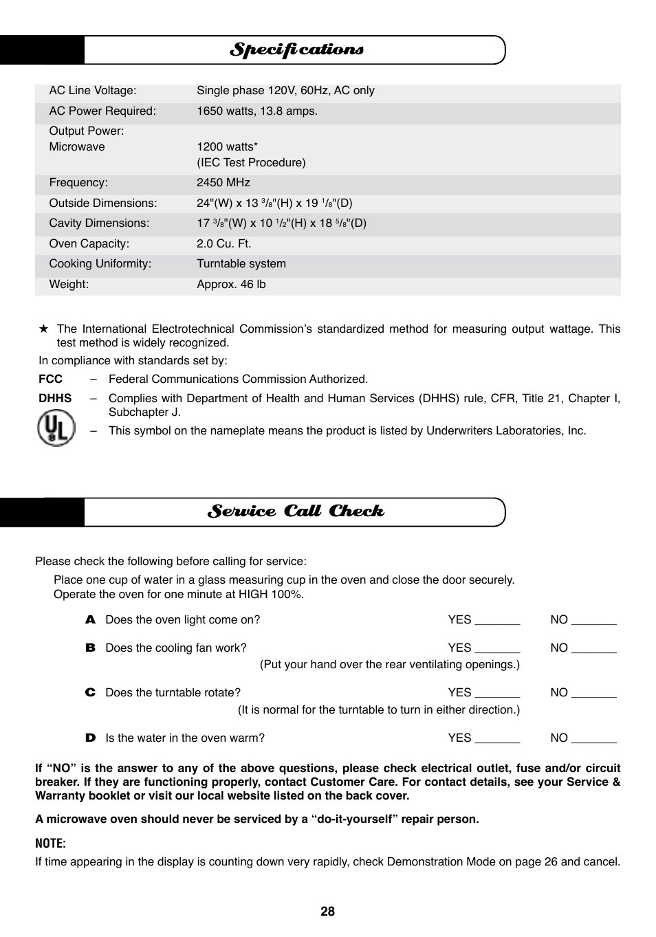 Service call check, Specifications | Fisher & Paykel MO-24SS User Manual | Page 29 / 33