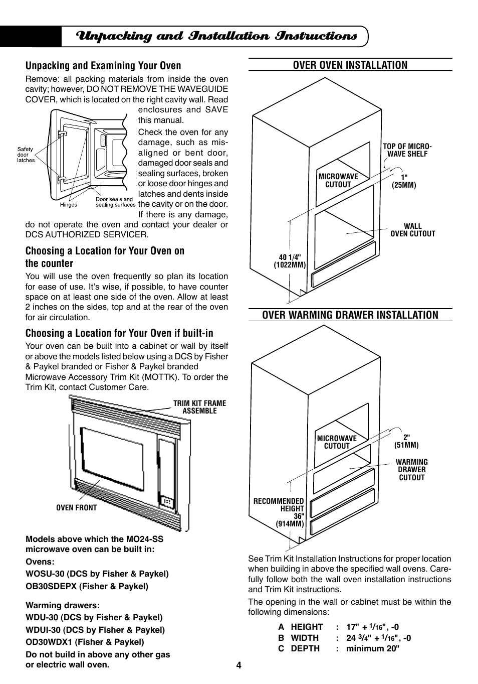 Unpacking and installation instructions, Unpacking and examining your oven, Choosing a location for your oven on the counter | Choosing a location for your oven if built-in, Over oven installation, Over warming drawer installation | Fisher & Paykel MO-24SS User Manual | Page 5 / 33