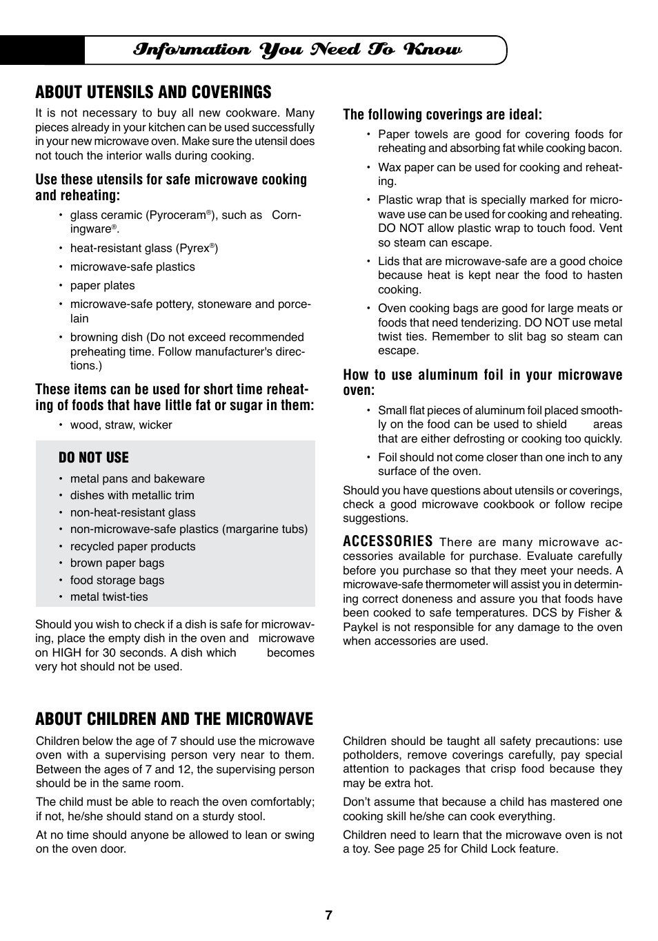 Information you need to know, About utensils and coverings, About children and the microwave | Fisher & Paykel MO-24SS User Manual | Page 8 / 33