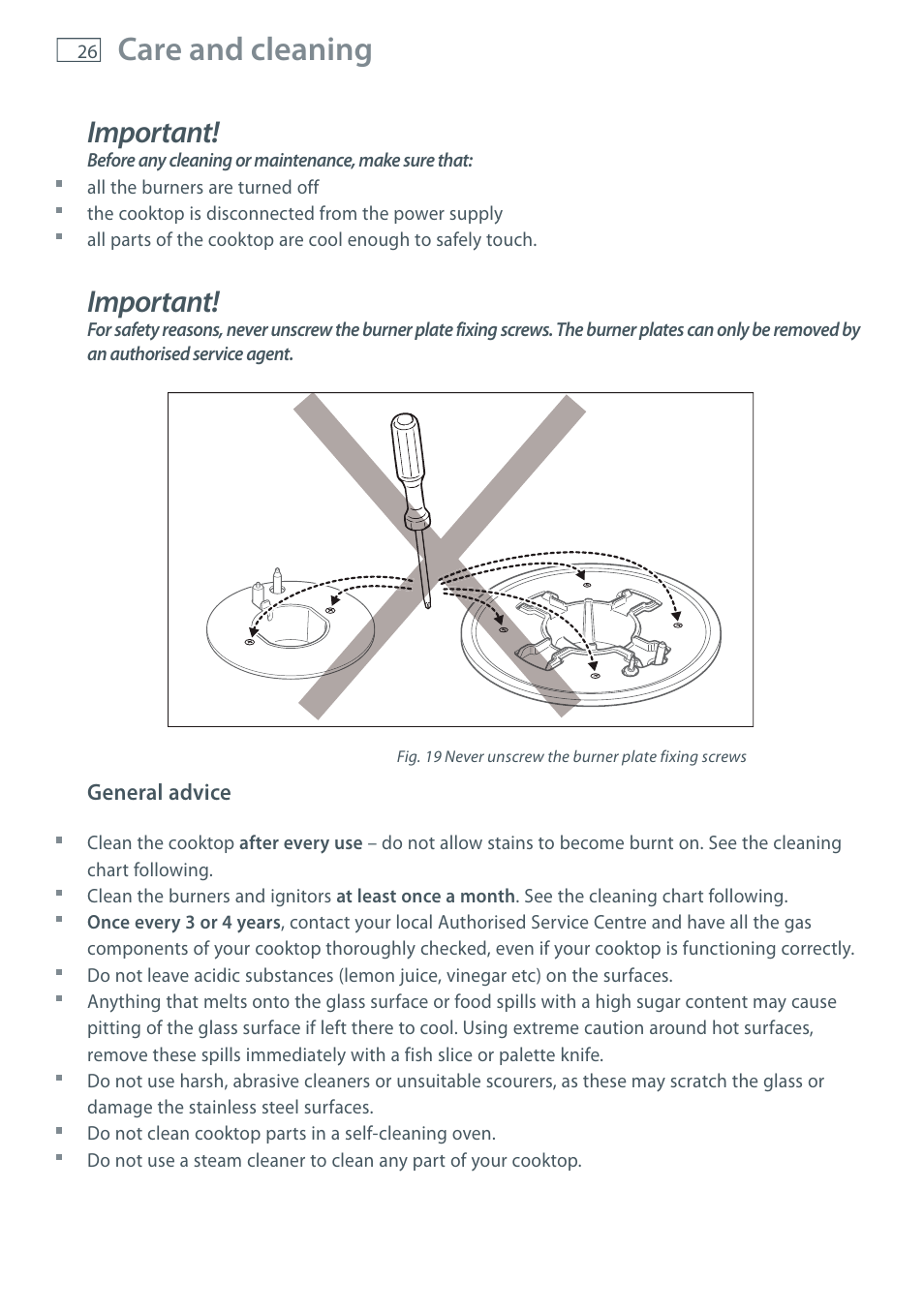 Care and cleaning, Important | Fisher & Paykel CG755 User Manual | Page 28 / 36