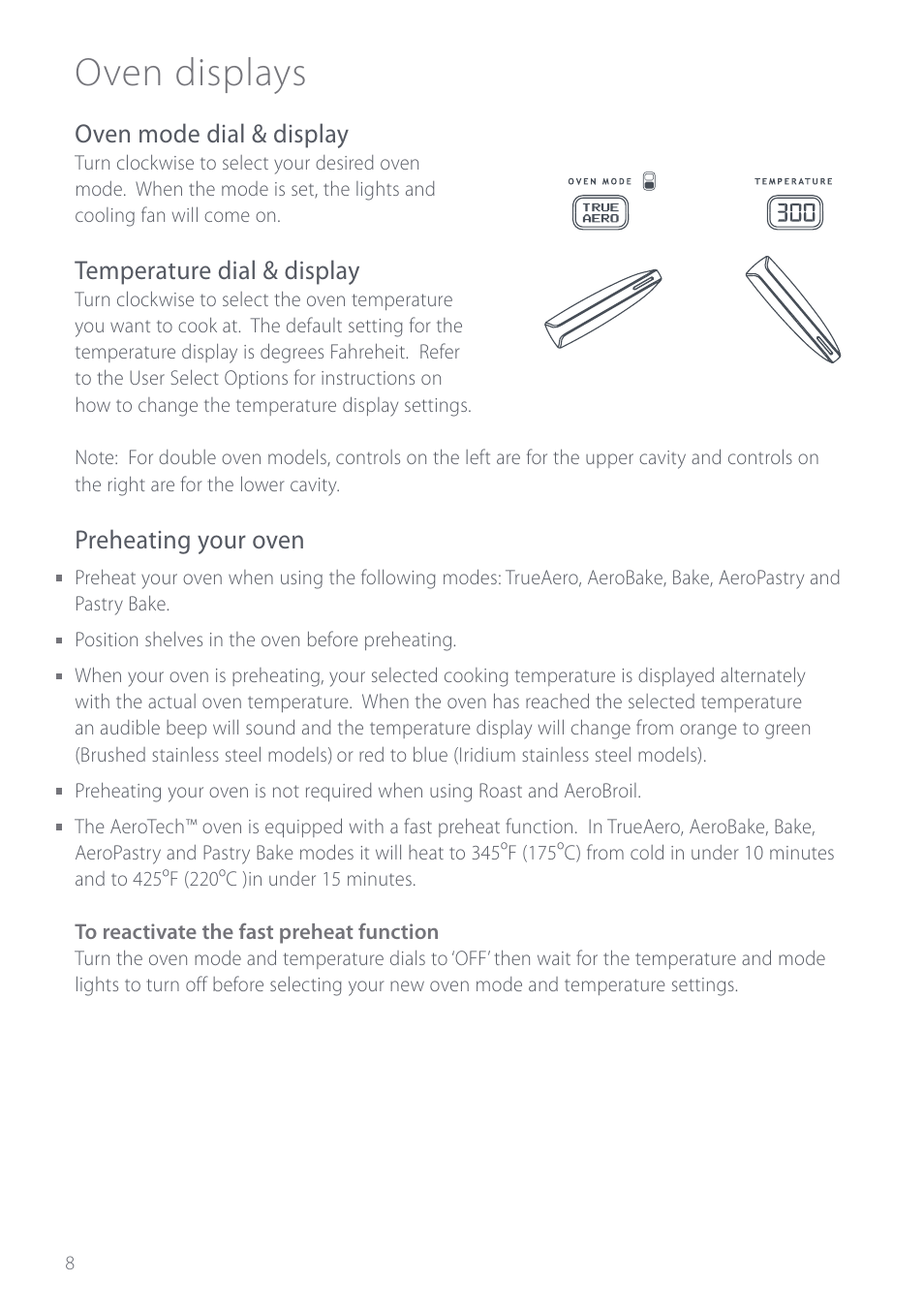 Oven displays, Oven mode dial & display, Temperature dial & display | Preheating your oven | Fisher & Paykel Aerotech OD302 User Manual | Page 10 / 48