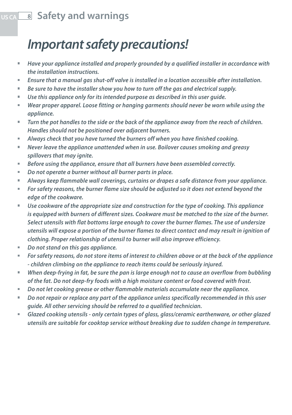 Important safety precautions, Safety and warnings | Fisher & Paykel CG122 User Manual | Page 10 / 96
