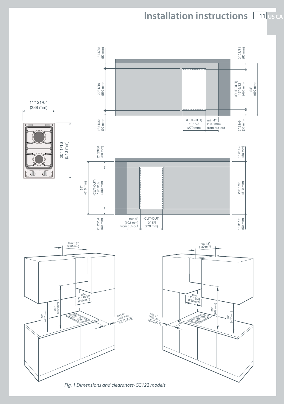 Installation instructions, Us ca, Fig. 1 dimensions and clearances-cg122 models | Fisher & Paykel CG122 User Manual | Page 13 / 96