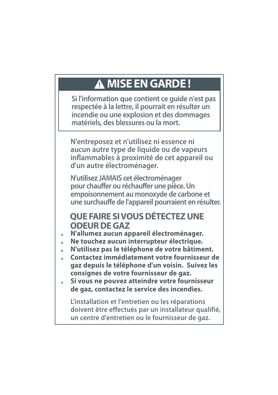 Mise en garde, Que faire si vous détectez une odeur de gaz | Fisher & Paykel CG122 User Manual | Page 34 / 96