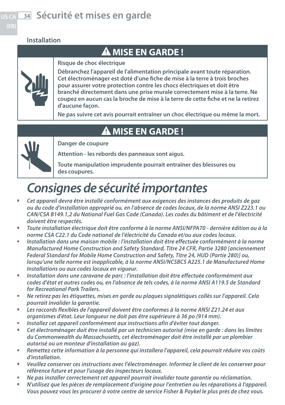 Consignes de sécurité importantes, Sécurité et mises en garde, Mise en garde | Fisher & Paykel CG122 User Manual | Page 36 / 96
