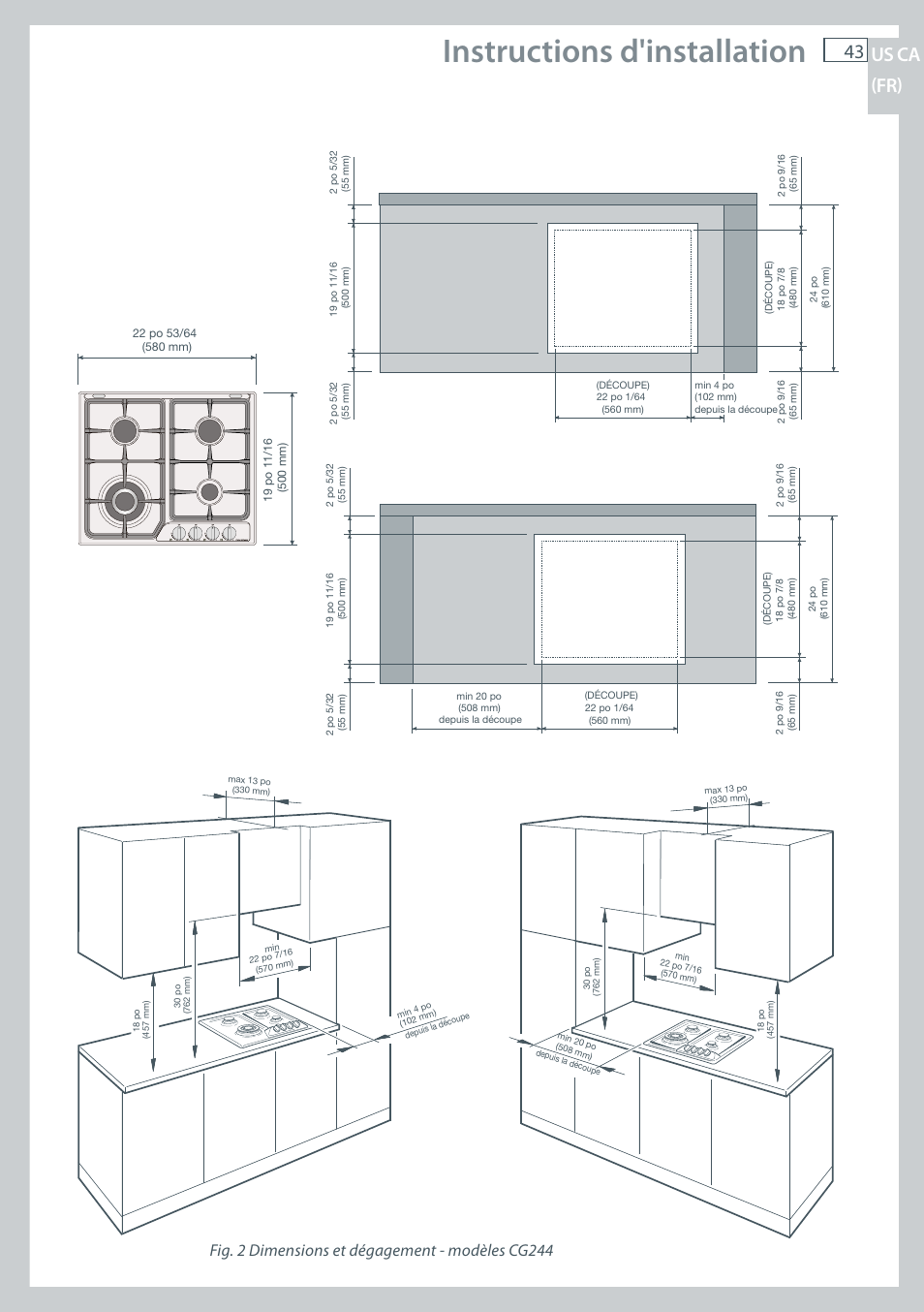 Instructions d'installation, 43 us ca (fr), Fig. 2 dimensions et dégagement - modèles cg244 | Fisher & Paykel CG122 User Manual | Page 45 / 96