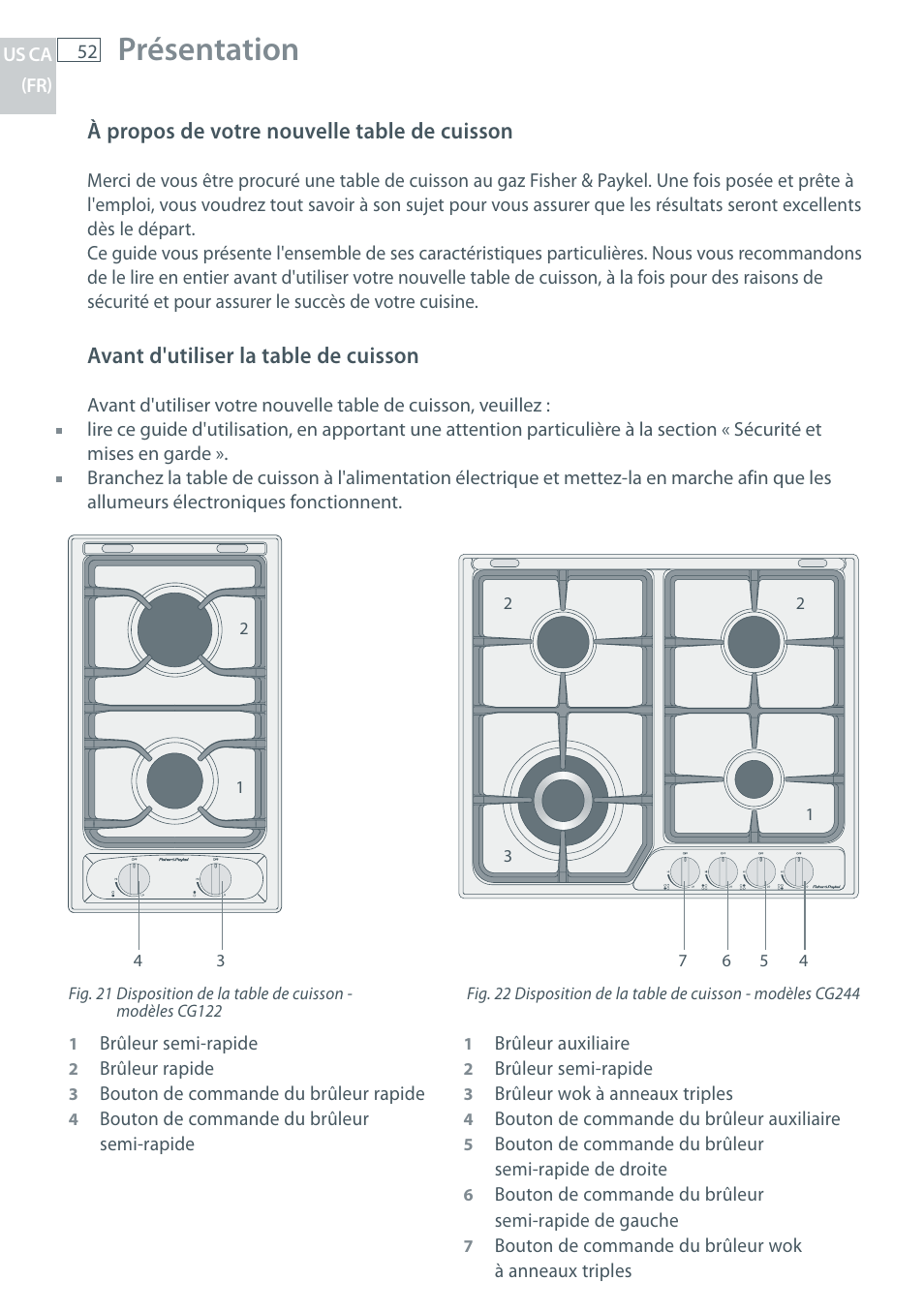 Présentation, À propos de votre nouvelle table de cuisson, Avant d'utiliser la table de cuisson | Fisher & Paykel CG122 User Manual | Page 54 / 96