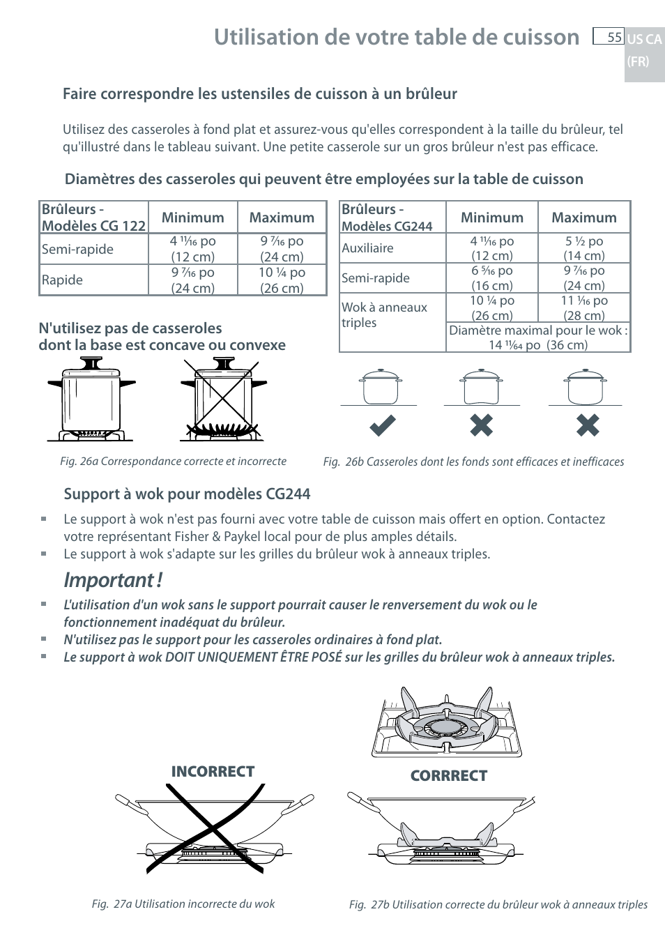 Utilisation de votre table de cuisson, Important | Fisher & Paykel CG122 User Manual | Page 57 / 96
