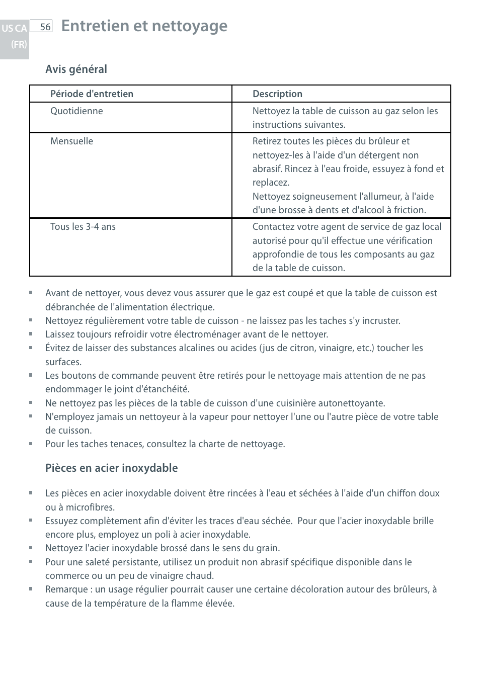 Entretien et nettoyage | Fisher & Paykel CG122 User Manual | Page 58 / 96