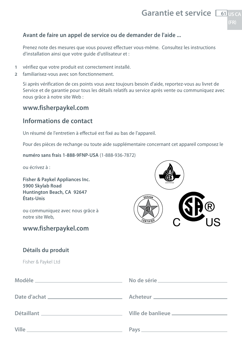 Garantie et service | Fisher & Paykel CG122 User Manual | Page 63 / 96