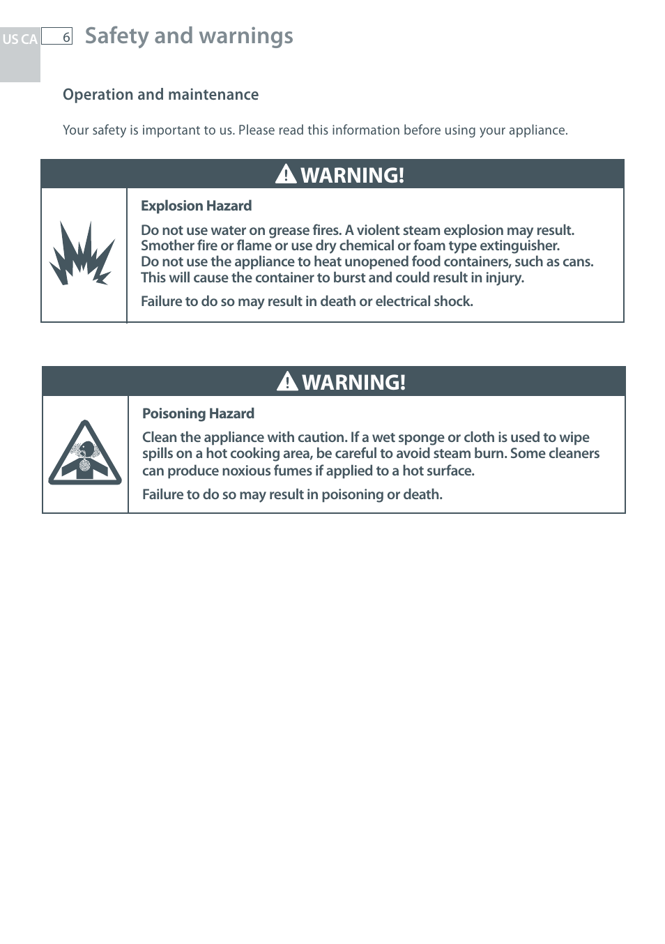 Safety and warnings, Warning | Fisher & Paykel CG122 User Manual | Page 8 / 96
