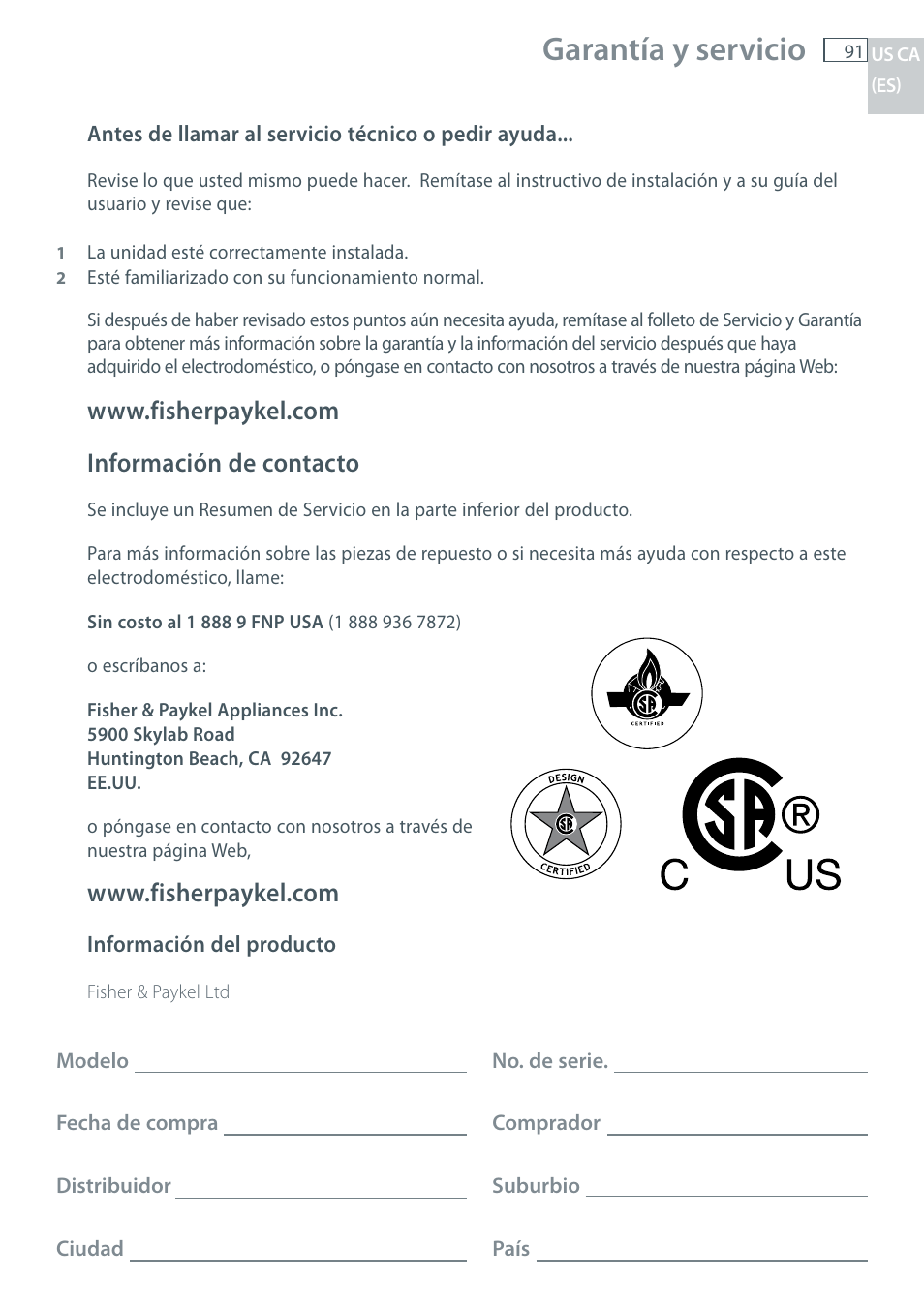 Garantía y servicio | Fisher & Paykel CG122 User Manual | Page 93 / 96