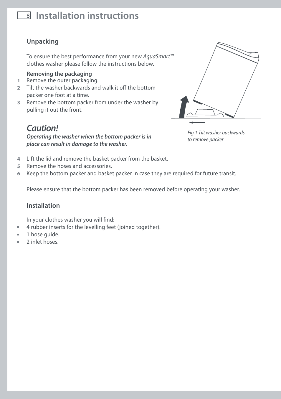 Installation instructions, Caution | Fisher & Paykel AquaSmart WL37T26C User Manual | Page 10 / 124