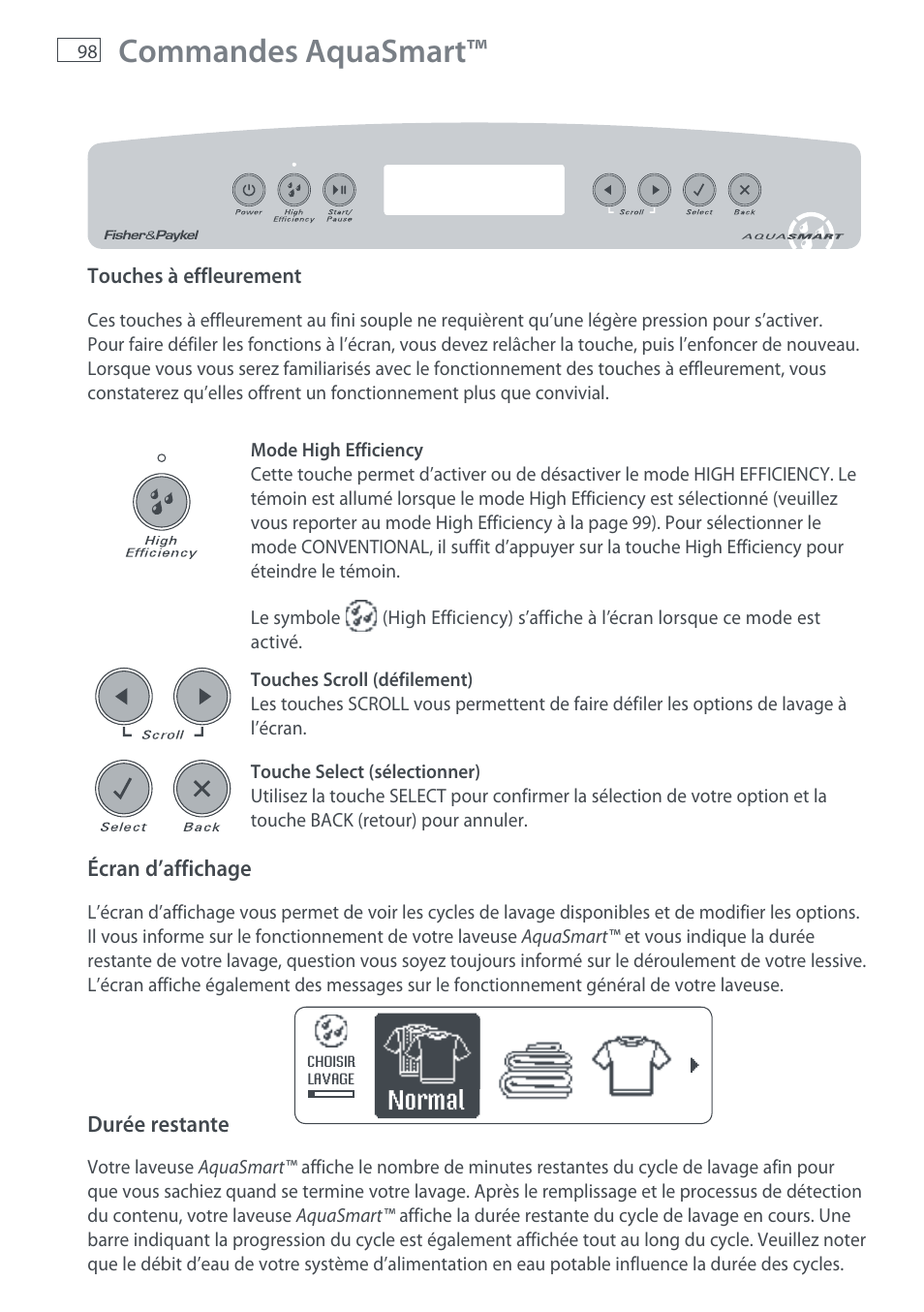 Commandes aquasmart, Normal | Fisher & Paykel AquaSmart WL37T26C User Manual | Page 100 / 124