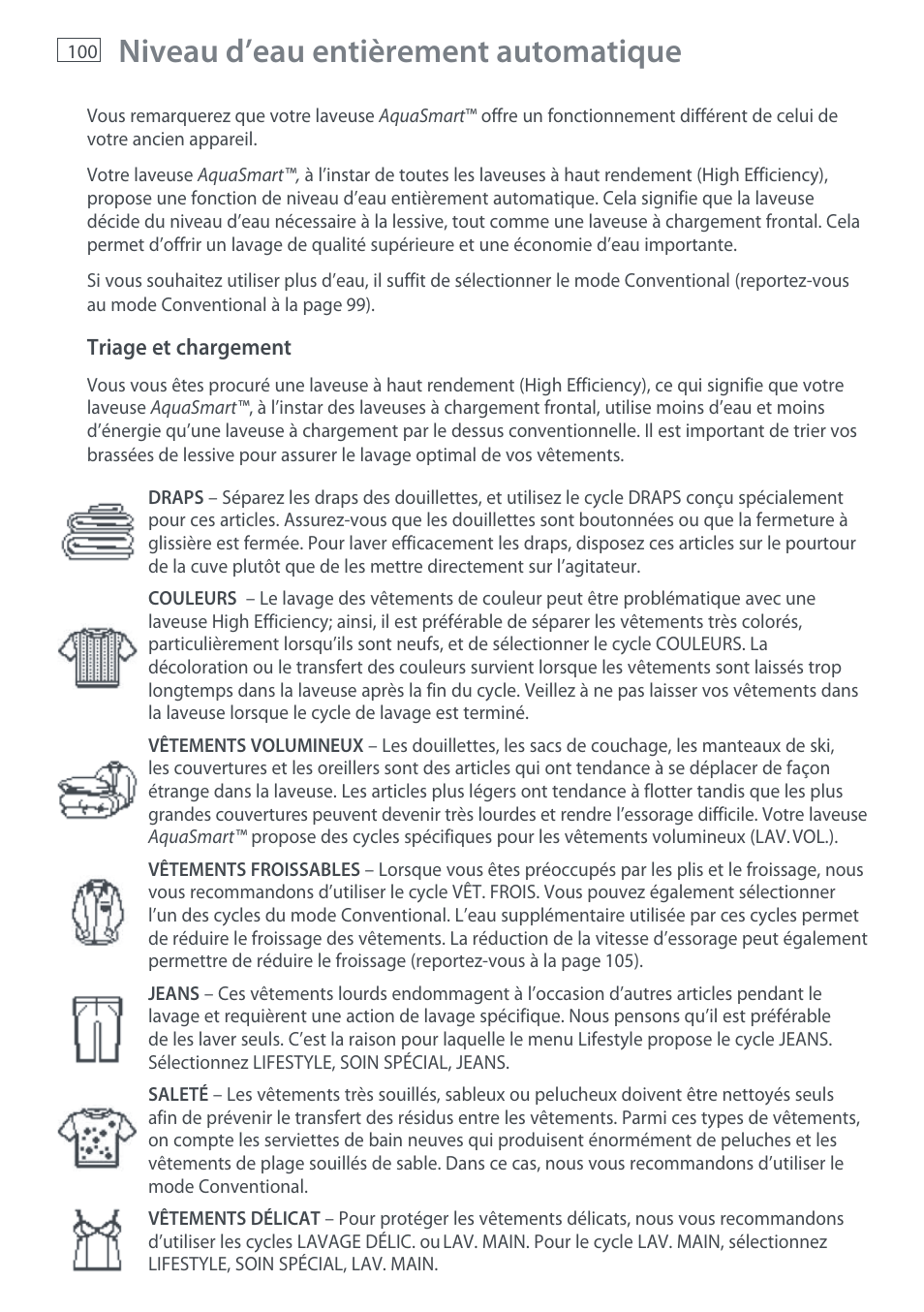 Niveau d’eau entièrement automatique | Fisher & Paykel AquaSmart WL37T26C User Manual | Page 102 / 124