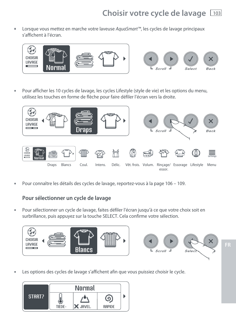 Choisir votre cycle de lavage, Normal, Draps | Blancs, Pour sélectionner un cycle de lavage | Fisher & Paykel AquaSmart WL37T26C User Manual | Page 105 / 124