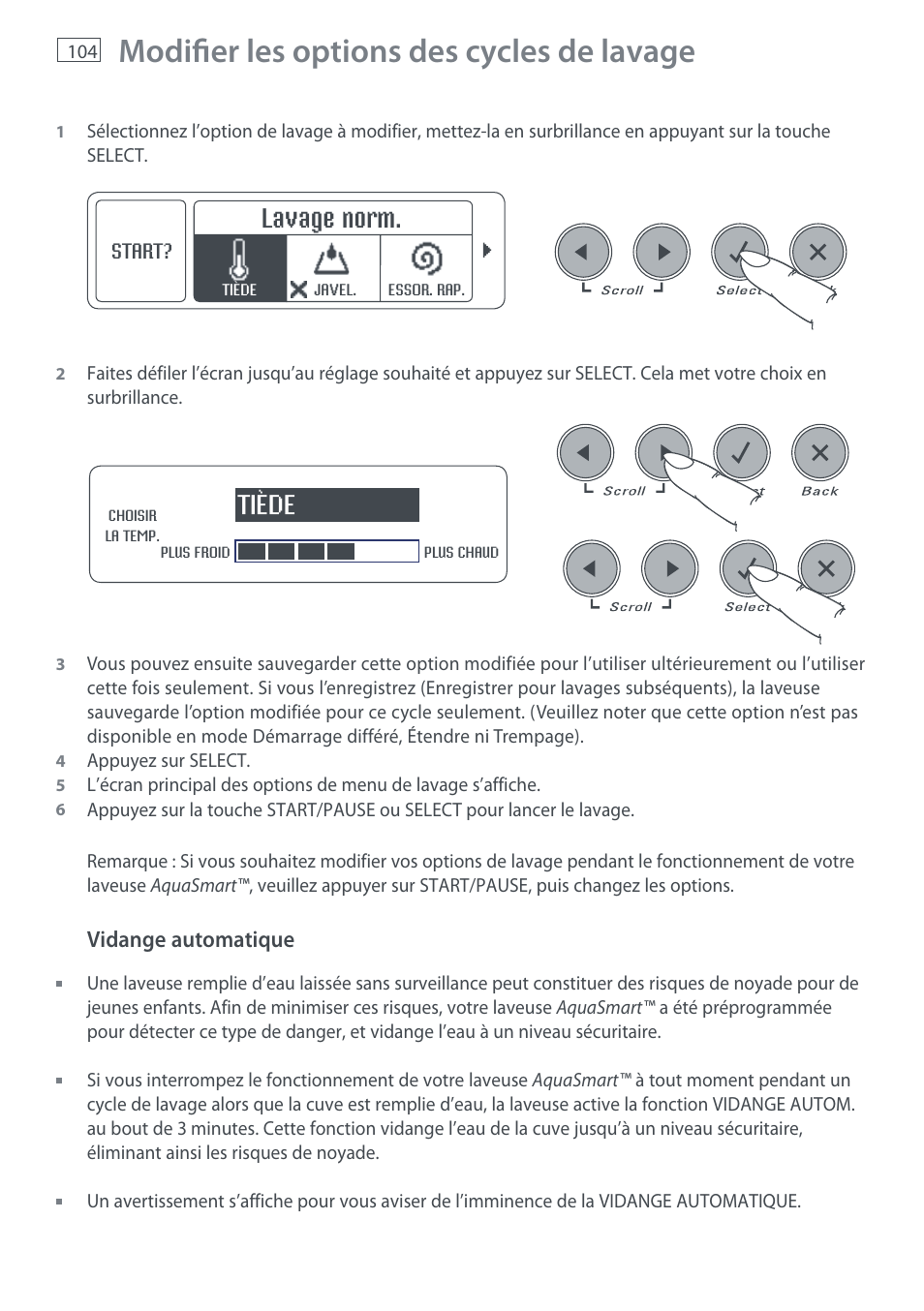 Modifi er les options des cycles de lavage, Lavage norm, Tiède | Fisher & Paykel AquaSmart WL37T26C User Manual | Page 106 / 124