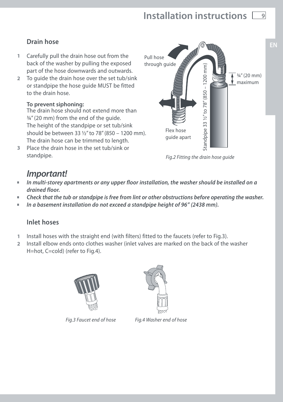 Installation instructions, Important | Fisher & Paykel AquaSmart WL37T26C User Manual | Page 11 / 124