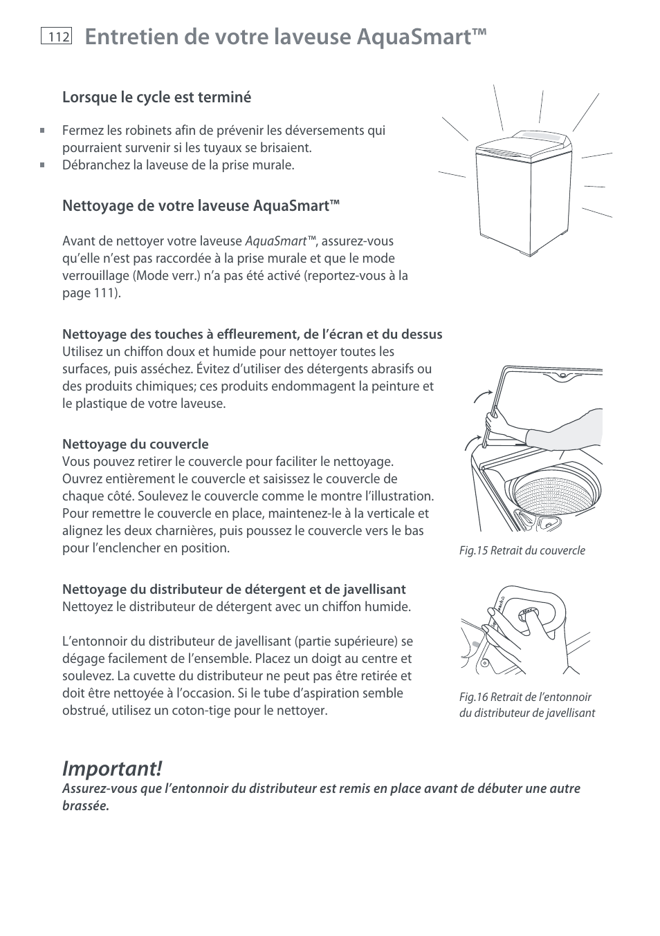 Entretien de votre laveuse aquasmart, Important | Fisher & Paykel AquaSmart WL37T26C User Manual | Page 114 / 124