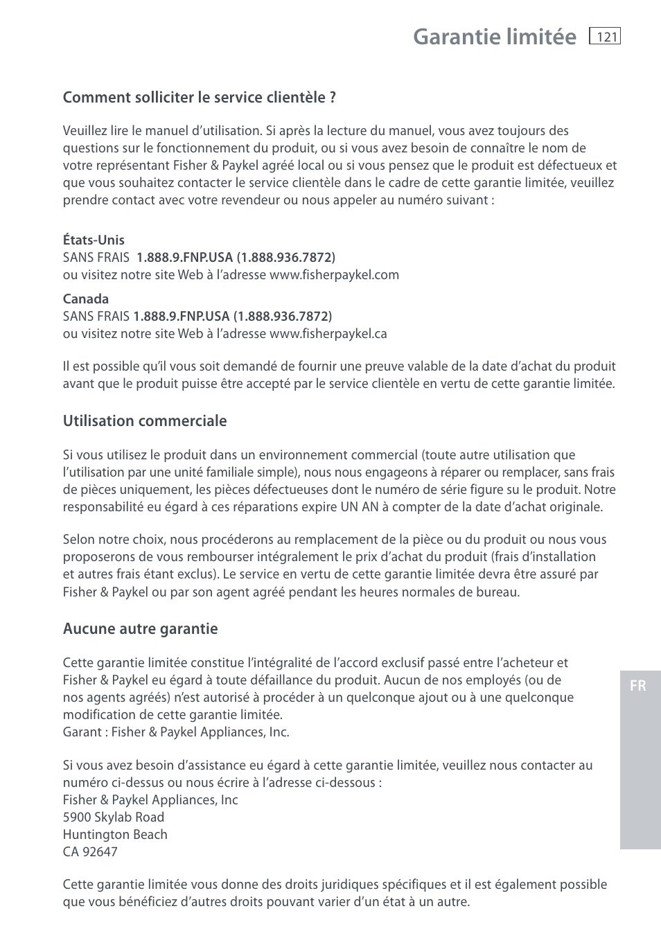 Garantie limitée | Fisher & Paykel AquaSmart WL37T26C User Manual | Page 123 / 124