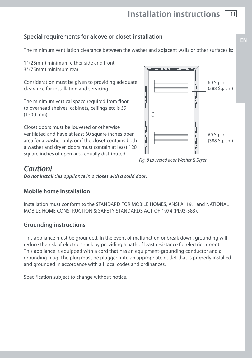 Installation instructions, Caution | Fisher & Paykel AquaSmart WL37T26C User Manual | Page 13 / 124