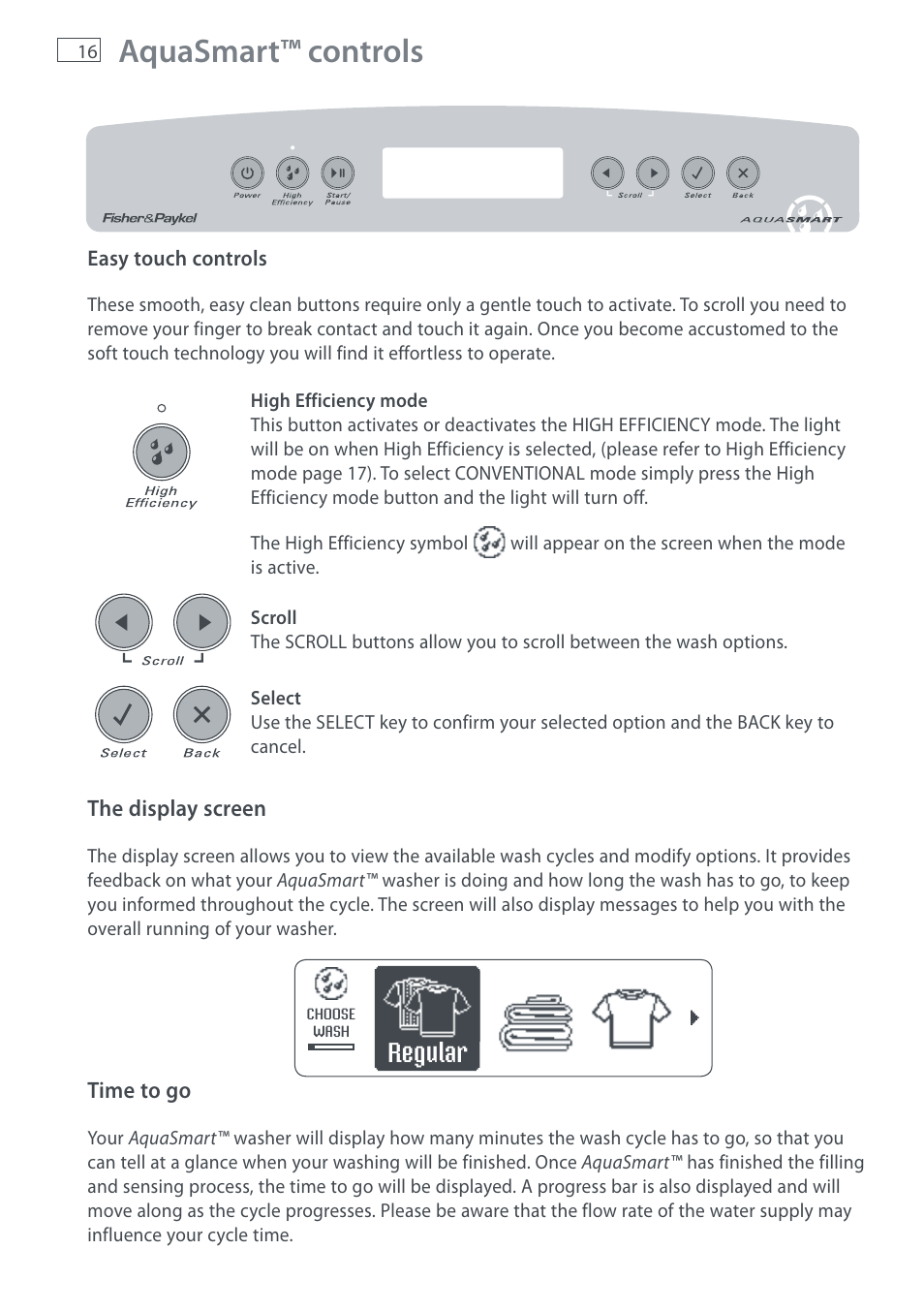 Aquasmart™ controls, Regular | Fisher & Paykel AquaSmart WL37T26C User Manual | Page 18 / 124