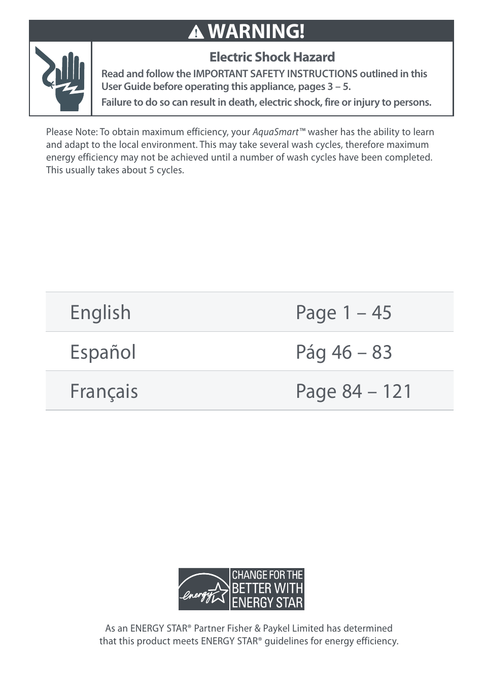 Warning | Fisher & Paykel AquaSmart WL37T26C User Manual | Page 2 / 124