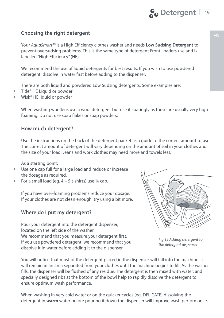 Detergent | Fisher & Paykel AquaSmart WL37T26C User Manual | Page 21 / 124