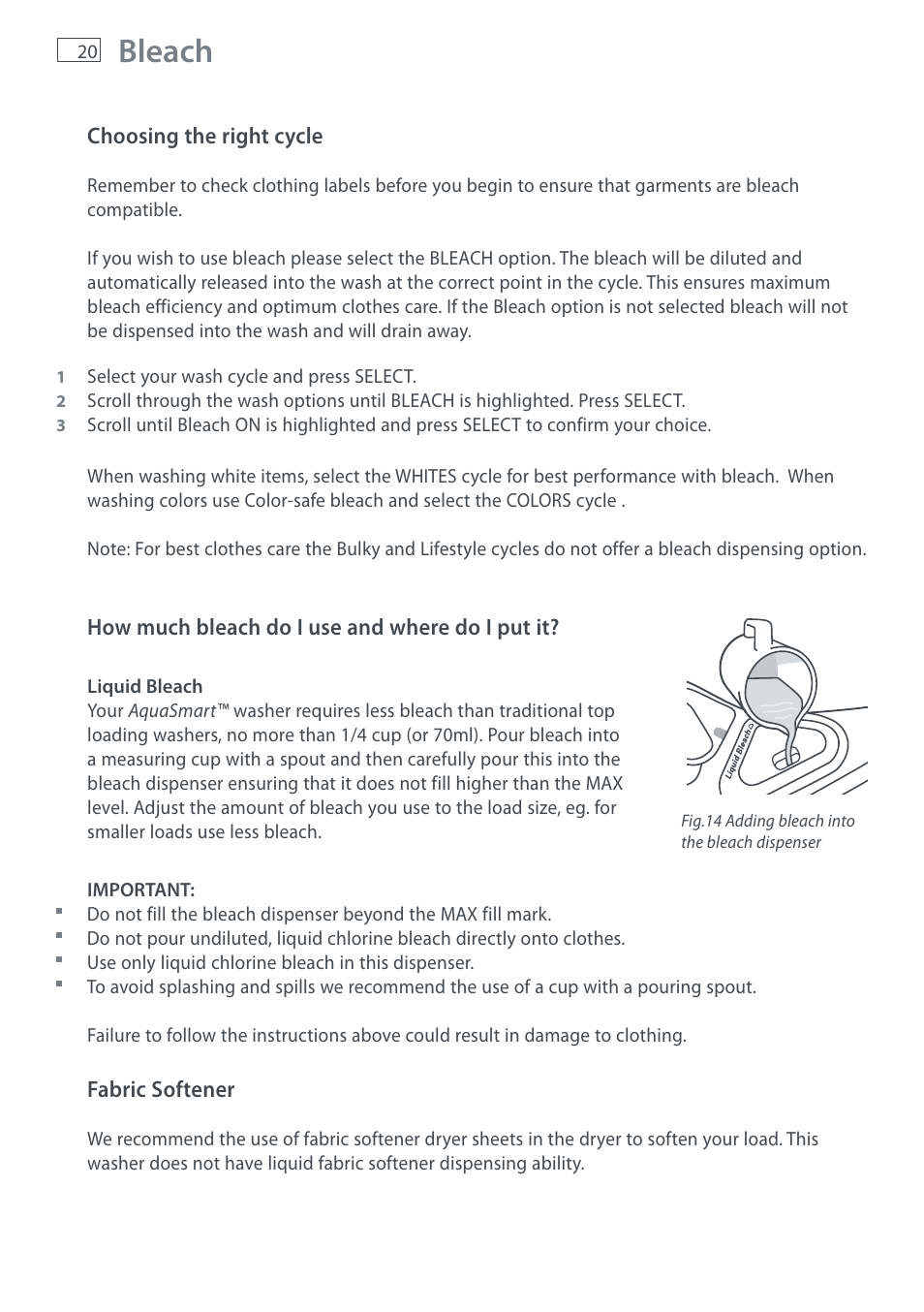 Bleach | Fisher & Paykel AquaSmart WL37T26C User Manual | Page 22 / 124