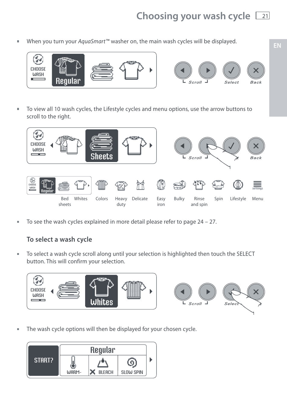 Choosing your wash cycle, Regular, Sheets | Whites, Start | Fisher & Paykel AquaSmart WL37T26C User Manual | Page 23 / 124