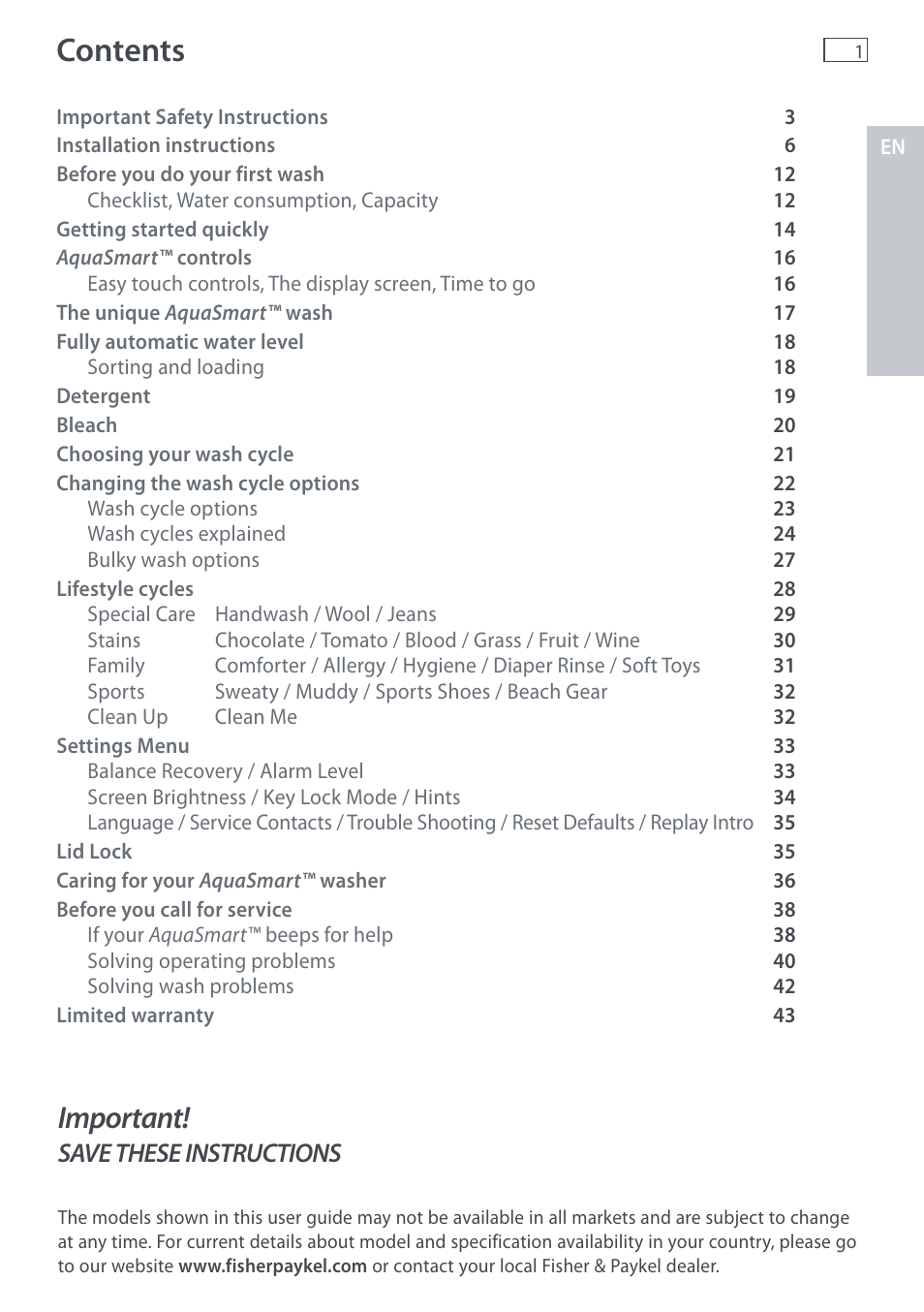 Fisher & Paykel AquaSmart WL37T26C User Manual | Page 3 / 124