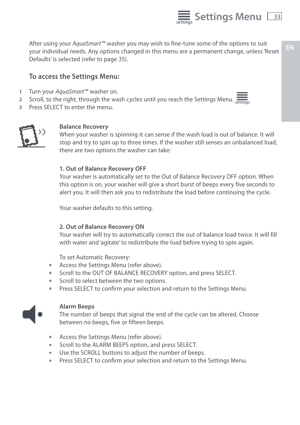 Settings menu | Fisher & Paykel AquaSmart WL37T26C User Manual | Page 35 / 124