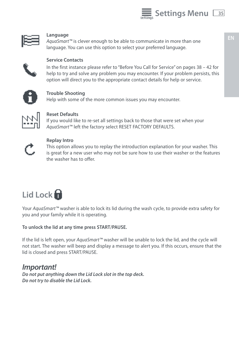Settings menu, Lid lock, Important | Fisher & Paykel AquaSmart WL37T26C User Manual | Page 37 / 124