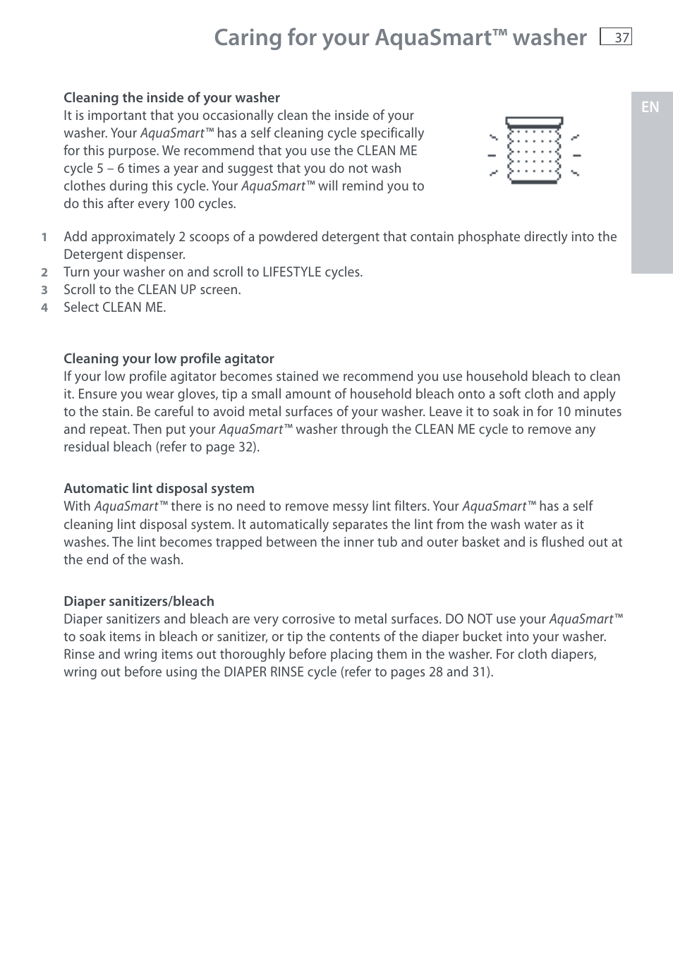 Caring for your aquasmart™ washer | Fisher & Paykel AquaSmart WL37T26C User Manual | Page 39 / 124