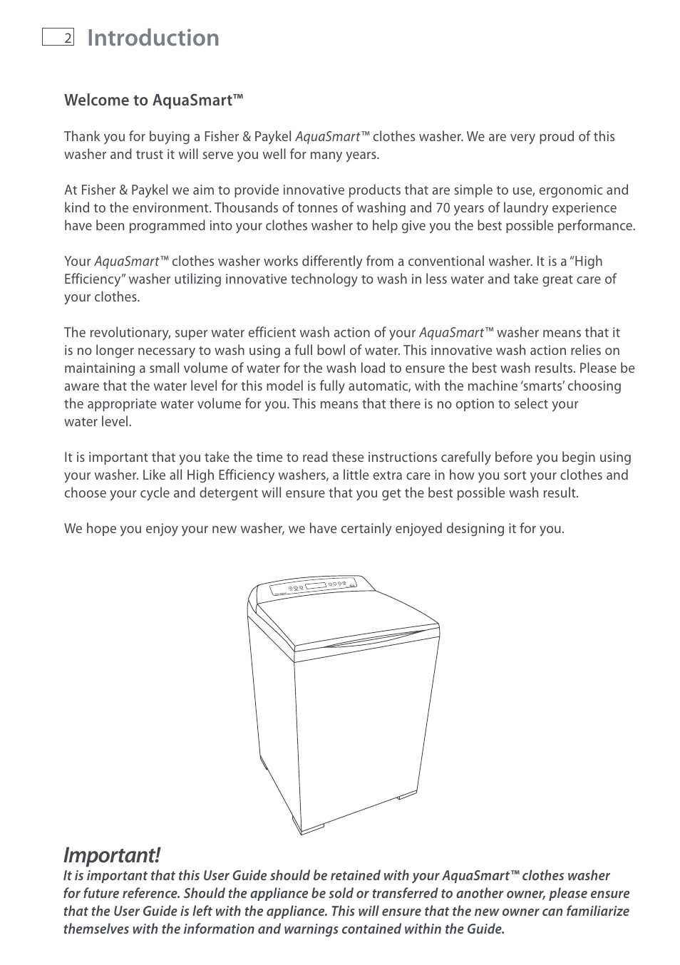 Introduction, Important | Fisher & Paykel AquaSmart WL37T26C User Manual | Page 4 / 124