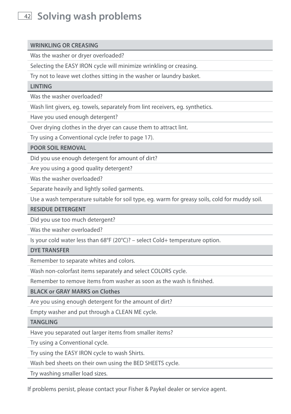 Solving wash problems | Fisher & Paykel AquaSmart WL37T26C User Manual | Page 44 / 124