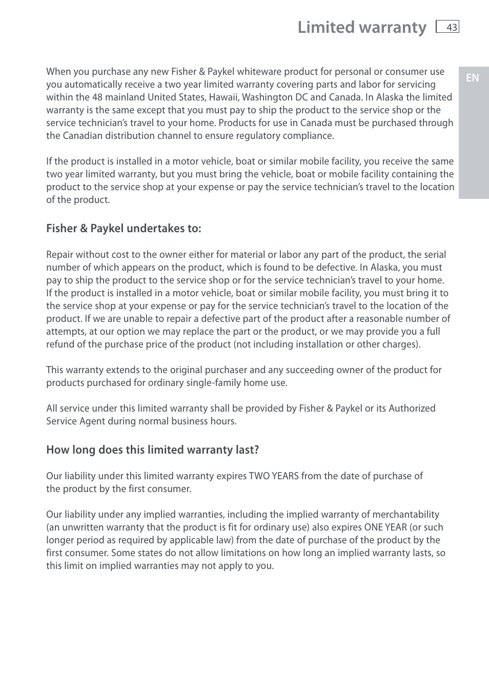 Limited warranty | Fisher & Paykel AquaSmart WL37T26C User Manual | Page 45 / 124