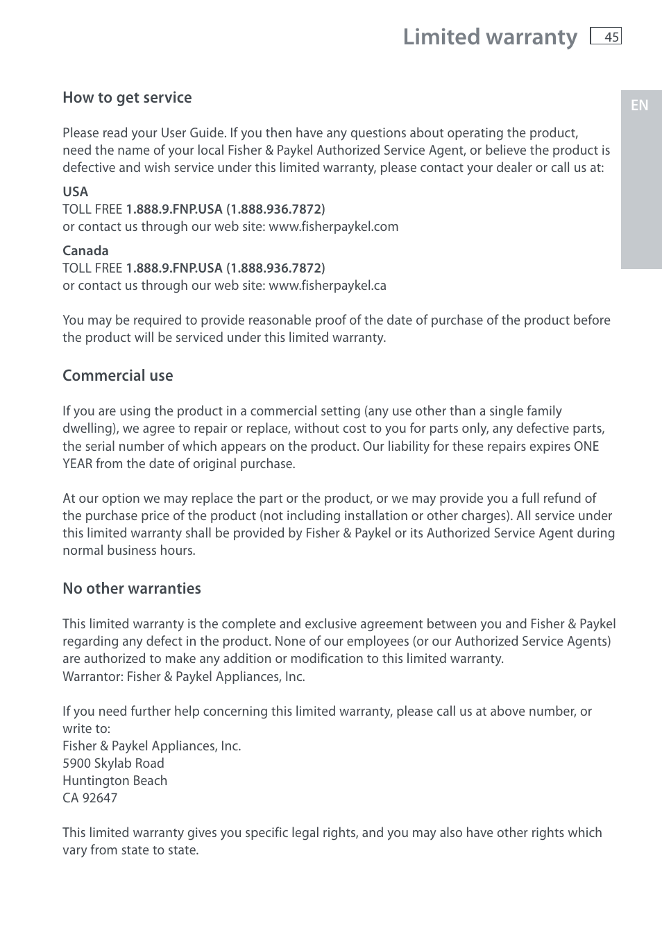 Limited warranty | Fisher & Paykel AquaSmart WL37T26C User Manual | Page 47 / 124