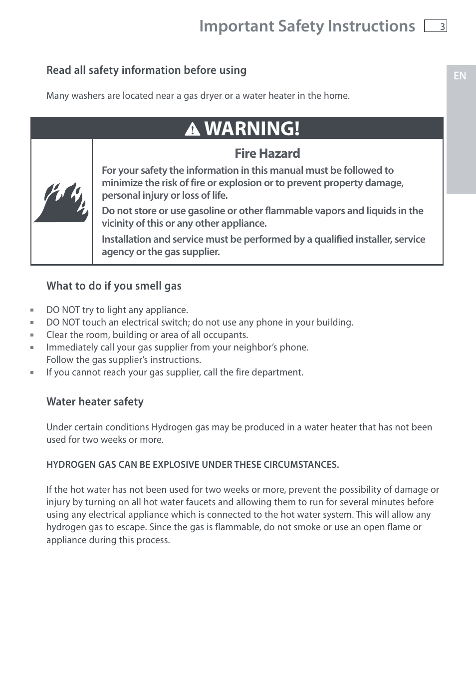 Warning, Important safety instructions, Fire hazard | Fisher & Paykel AquaSmart WL37T26C User Manual | Page 5 / 124