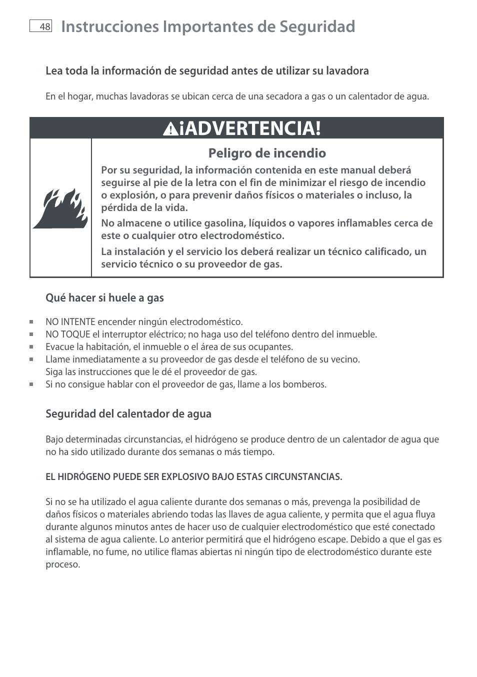 Advertencia, Instrucciones importantes de seguridad, Peligro de incendio | Fisher & Paykel AquaSmart WL37T26C User Manual | Page 50 / 124