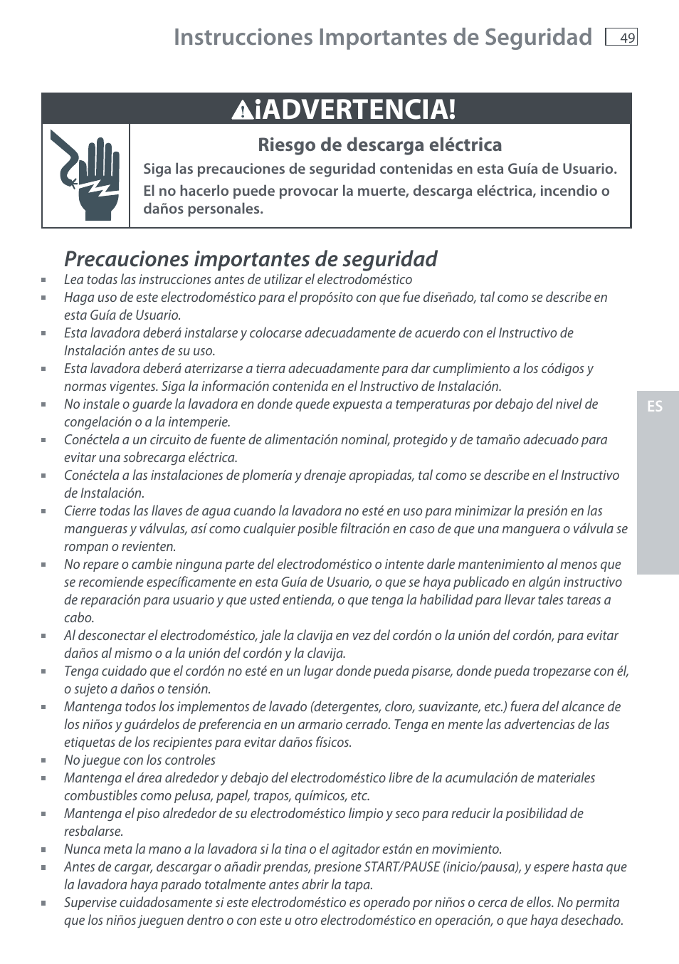 Advertencia, Instrucciones importantes de seguridad, Precauciones importantes de seguridad | Riesgo de descarga eléctrica | Fisher & Paykel AquaSmart WL37T26C User Manual | Page 51 / 124