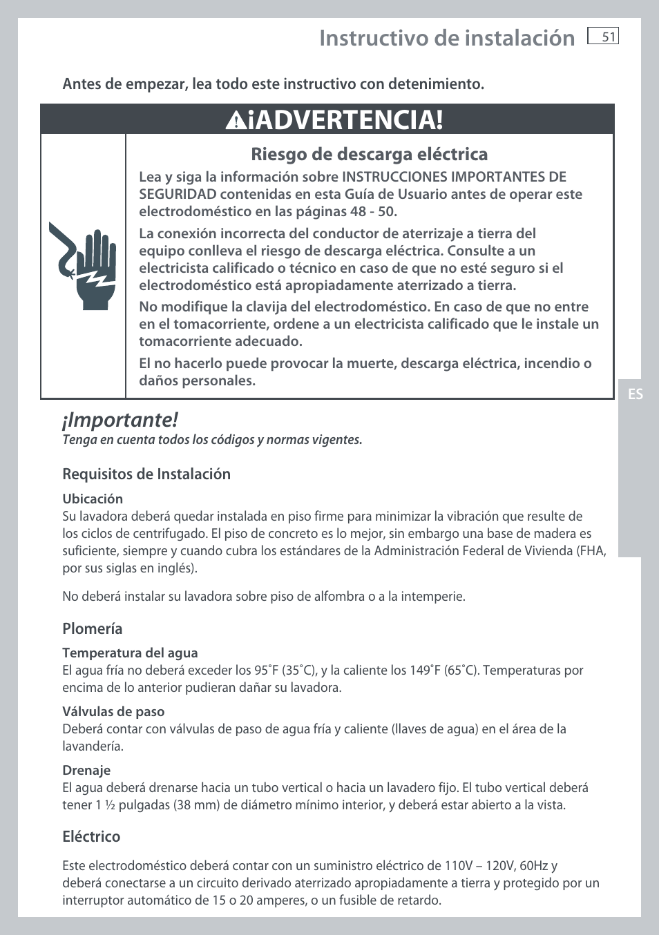 Advertencia, Instructivo de instalación, Importante | Riesgo de descarga eléctrica | Fisher & Paykel AquaSmart WL37T26C User Manual | Page 53 / 124