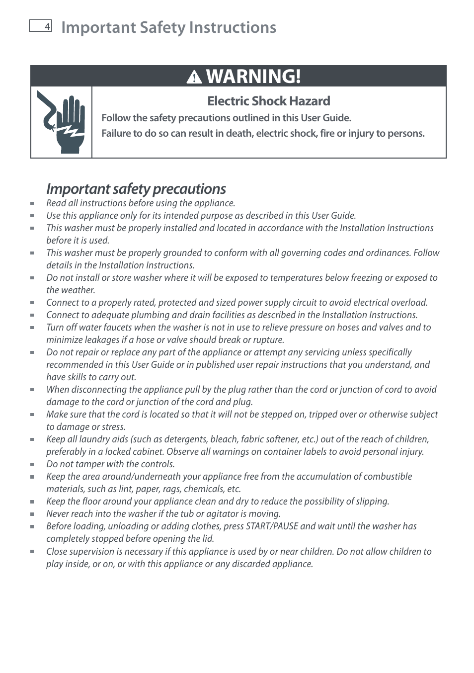 Warning, Important safety instructions, Important safety precautions | Electric shock hazard | Fisher & Paykel AquaSmart WL37T26C User Manual | Page 6 / 124