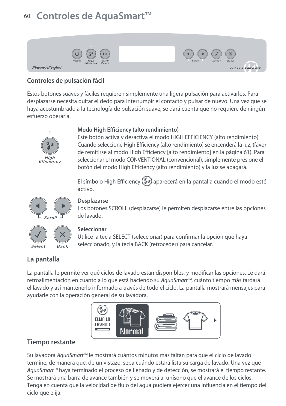 Controles de aquasmart, Normal | Fisher & Paykel AquaSmart WL37T26C User Manual | Page 62 / 124