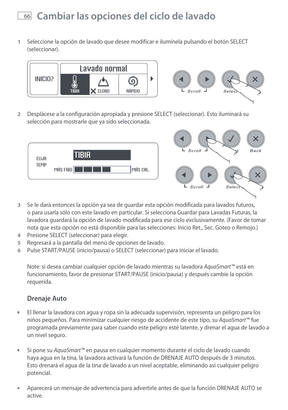 Cambiar las opciones del ciclo de lavado, Lavado normal, Tibia | Fisher & Paykel AquaSmart WL37T26C User Manual | Page 68 / 124