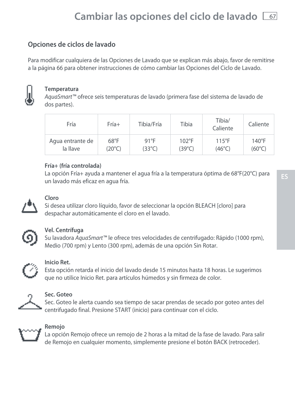Cambiar las opciones del ciclo de lavado | Fisher & Paykel AquaSmart WL37T26C User Manual | Page 69 / 124