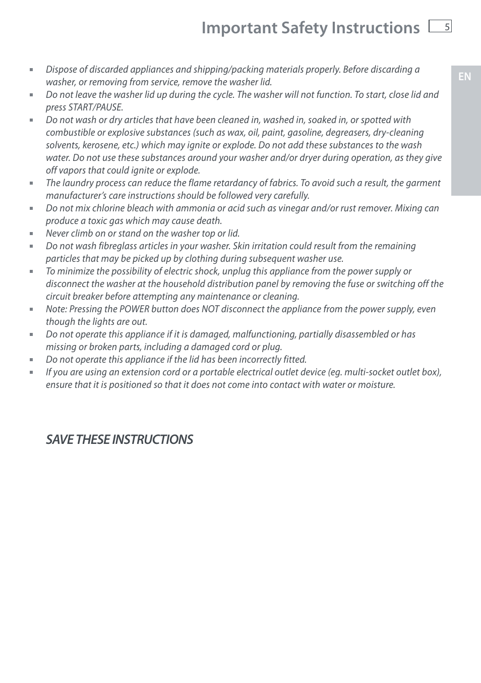 Important safety instructions, Save these instructions | Fisher & Paykel AquaSmart WL37T26C User Manual | Page 7 / 124